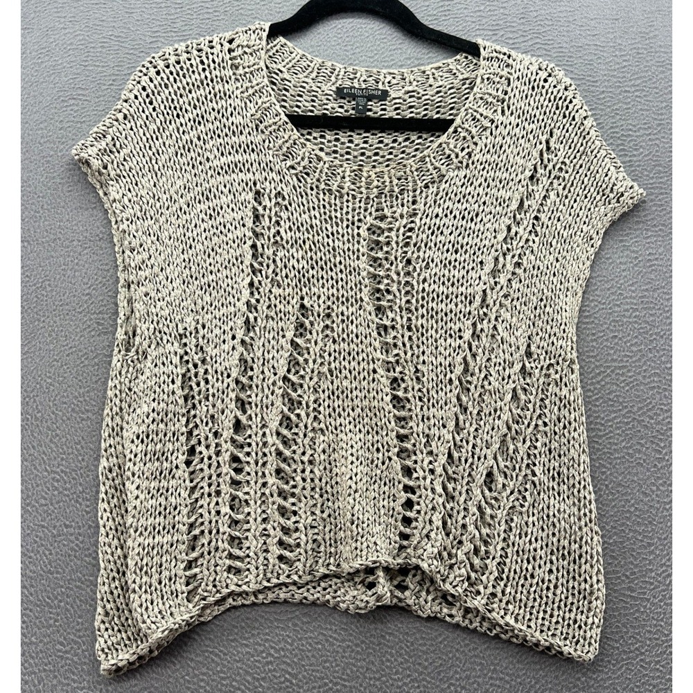 Eileen Fisher Sweater Top Womens PL Open Knit Italian Yarn Taupe Open Weave Boxy